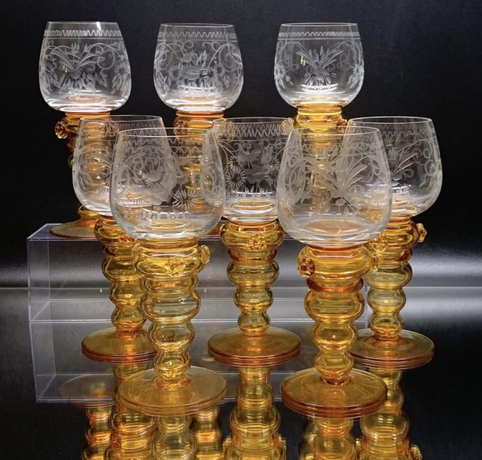Theresienthal - Wine glasses, Crystal glasses, berry nub glasses, nub glasses (8) - Crystal - Herrgotts Tröpfchen Vögel - und florales Motiv, Bernadotte
