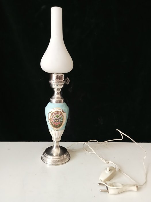 Skrivbordslampa - Elegant lampa med 800 silver signum, handmålat porslin med blomsterdekorationer "Working"