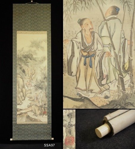 Dipinto, Pergamena da appendere. - Seta - 'Gyōsai' 暁斎 - The Seven Sages of the Bamboo Grove - With signature and seal 'Gyosai' 暁斎 - Giappone - Periodo Meiji (1868-1912)