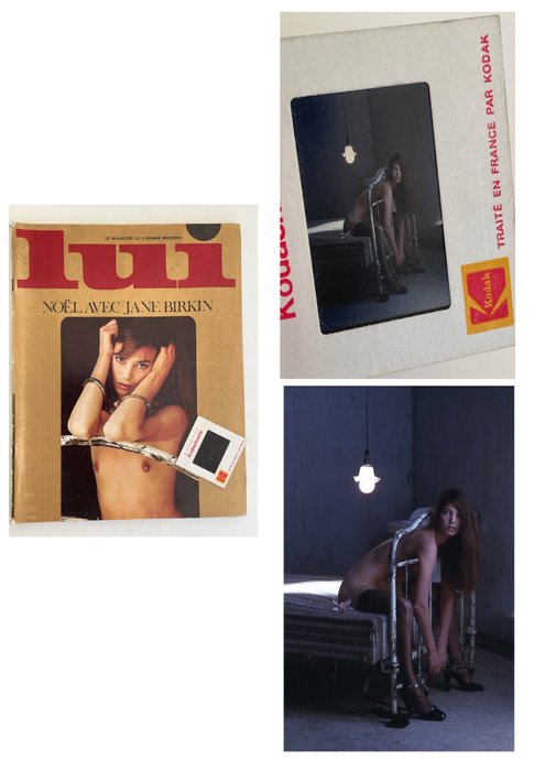Francis Giacobetti - Rare - Lui 131 + Diapo tirage unique Jane Birkin in bed - Photo Originale - 1974
