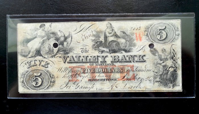 美利坚合众国 - 过时货币 -. 5 Dollars 1856 - Valley Bank of Maryland