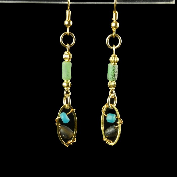 Ancient Roman Earrings with wire-wrapped Roman glass beads