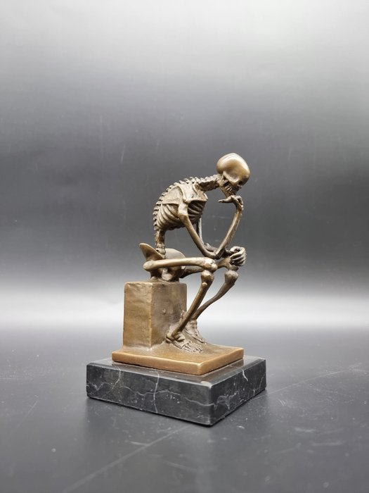 Statue, Bronze Skeleton Thinker on Marble - 15 cm - Bronze, Marmor