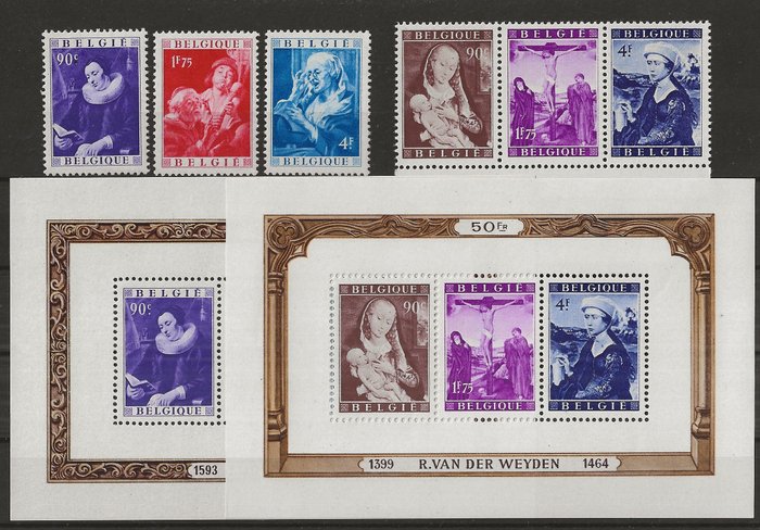 比利时 1949 - Jordaens - Van der Weyden - 块+邮票，品种为“衣领上的污点”和“Smaragd” - OBP/COB 792/97 met 792-V en 795-V, BL27-V, BL-28-V