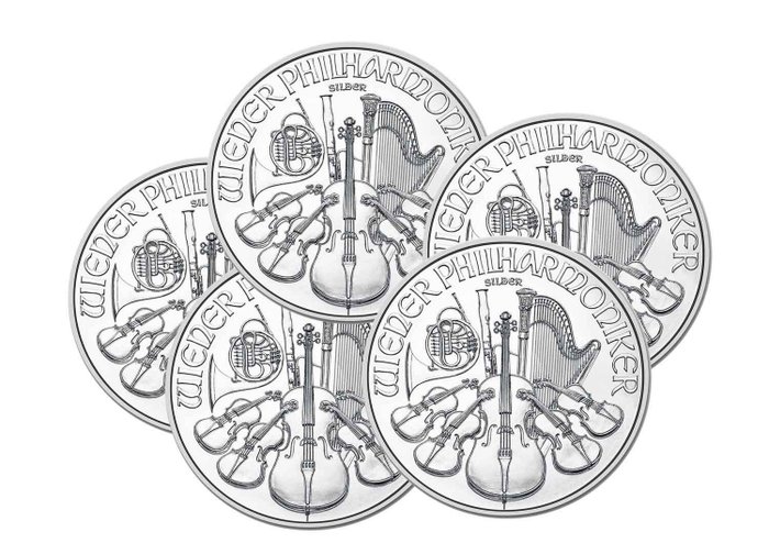 Østerrike. 1 1/2 Euro 2024 Austrian Silver Philharmonic Coin in capsule, 5 x 1 oz