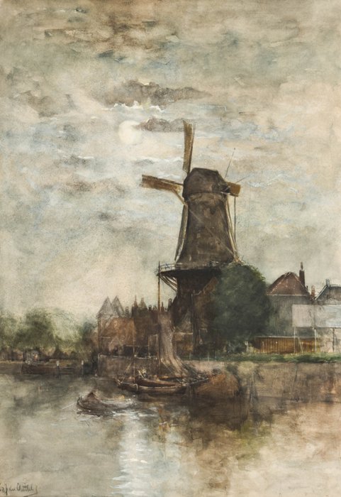 Fredericus Jacobus van Rossum Du Chattel (1856-1917) - Dutch wind mill by the moonlight