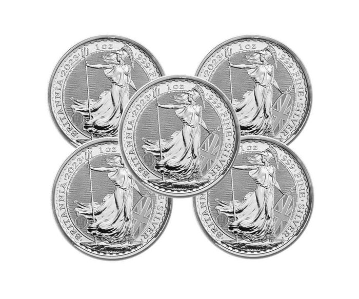 Storbritannien. 2 Pounds 2023 UK Britannia King Charles Coin in capsule, 5 x 1 oz