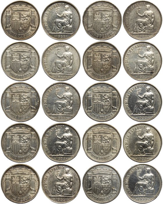 Spain. Second Spanish Republic (1931-1939). Peseta 1933 *34 (10 monedas)