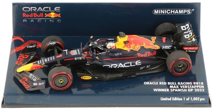 Minichamps 1:43 - Model samochodu wyścigowego - Oracle Red Bull Racing RB18 #1 Winner Spanish GP 2022 - Max Verstappen - Edycja limitowana 1002 szt.