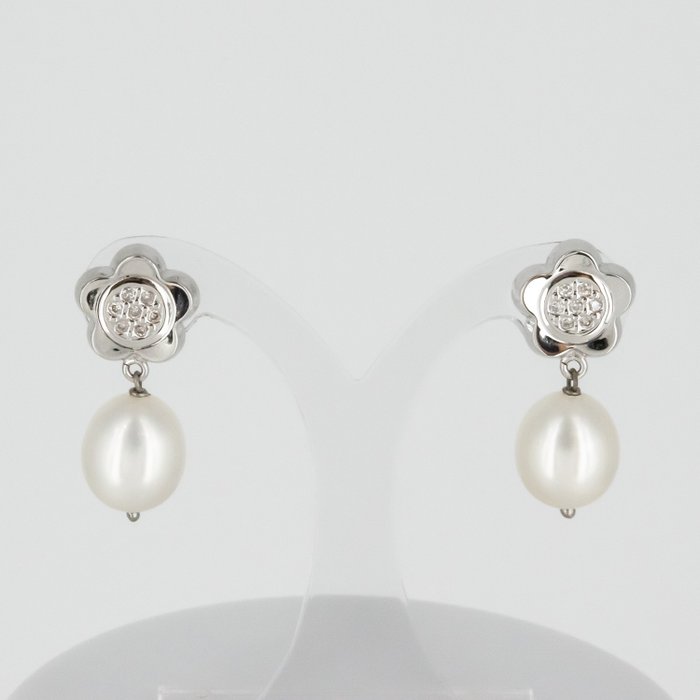 Orecchini - 18 carati Oro bianco Diamante  (Naturale) - Perla 