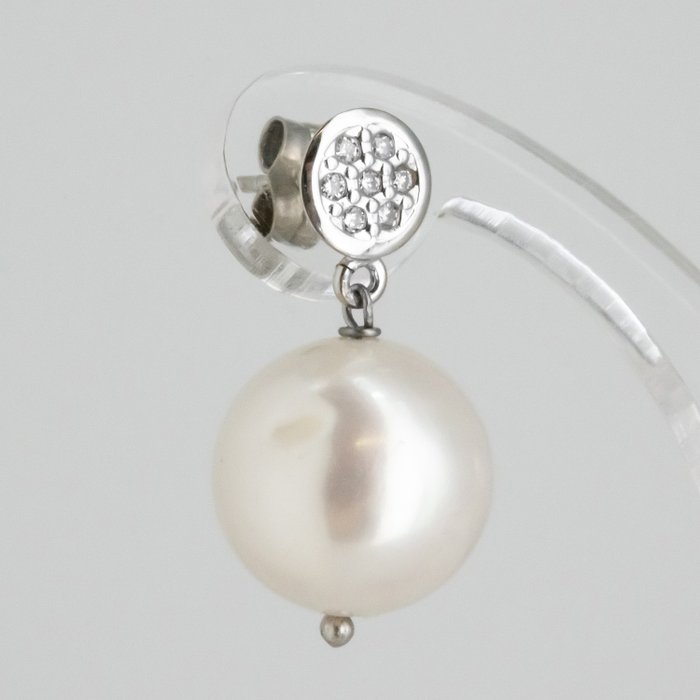耳环 - 18K包金 白金 钻石  (天然) - 珍珠 
