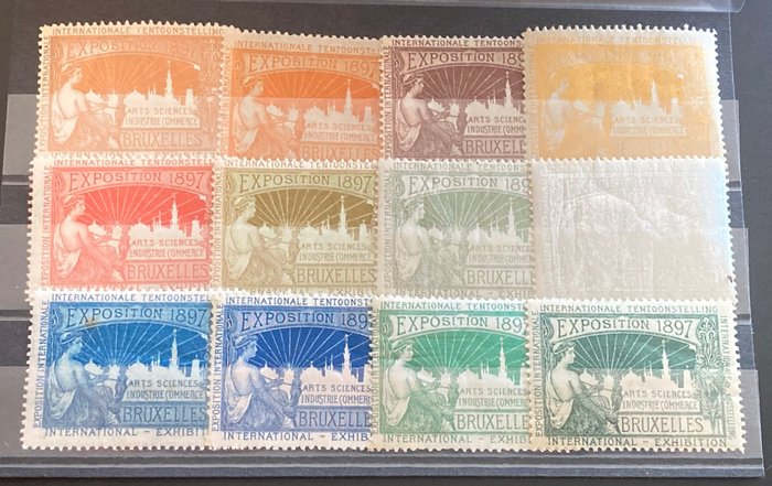 Bélgica 1897 - 'Exposition de Bruxelles': vinheta em 12 cores diferentes com outras mais raras (ouro e prata)