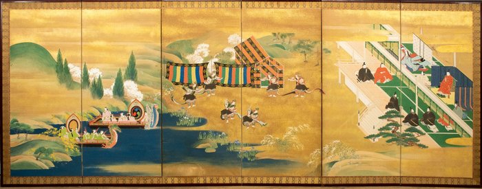 Byōbu plegable (biombo) - Laca, Madera, Papel, Polvo de oro - Período Meiji (finales del siglo XIX) - Japón - Período Meiji (finales del siglo XIX)