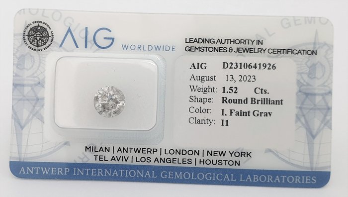 鑽石 - 1.52 ct - 明亮型 - I(極微黃、正面看為白色) - I1