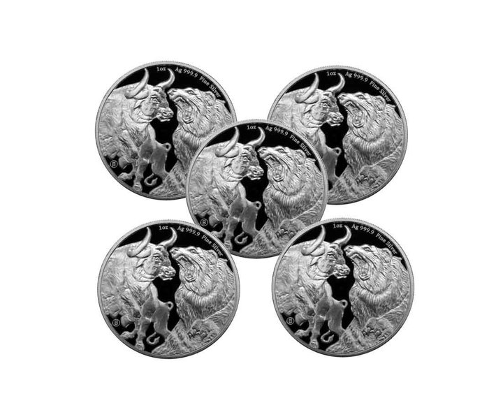 Ciad. 5000 Francs 2023 Bull & Bear Coin in capsule, 5 x 1 oz