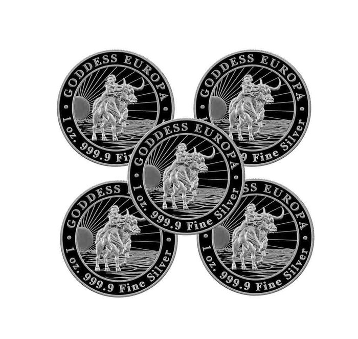 Tschad. 5000 Francs 2023 Goddess Europa Silver Coin in capsule, 5 x 1 oz