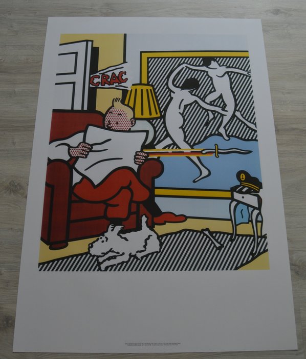Hommage à Hergé - Roy Lichtenstein - Affiche litographique (100x70cm) - Tintín leyendo - Plaizir Brussels
