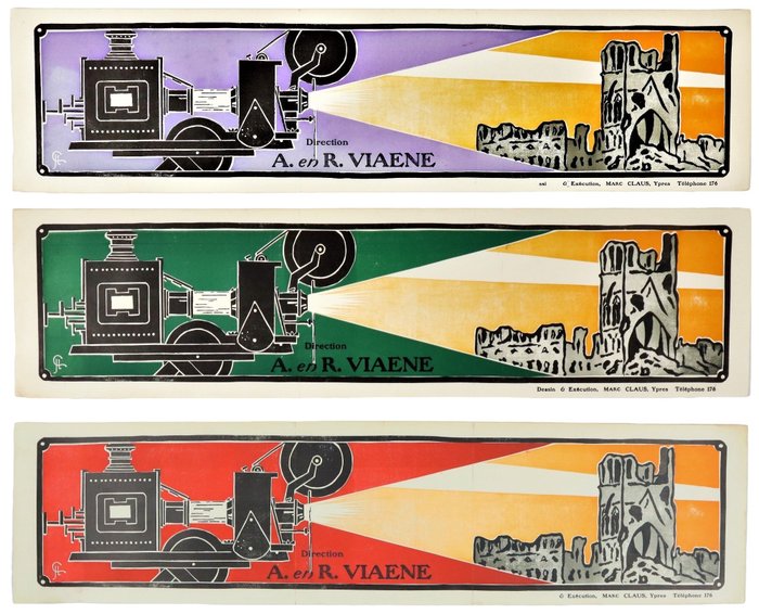 Marc Claus - Marc Claus - Set of 3 Old Advertising Film Posters Ypres Cloth Halls Ruins WWI Marc Claus 73x54cm - 1920年代