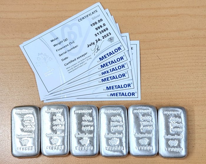 600 grs (6 x 100 grs) - Silver .999 - Metalor - With certificate
