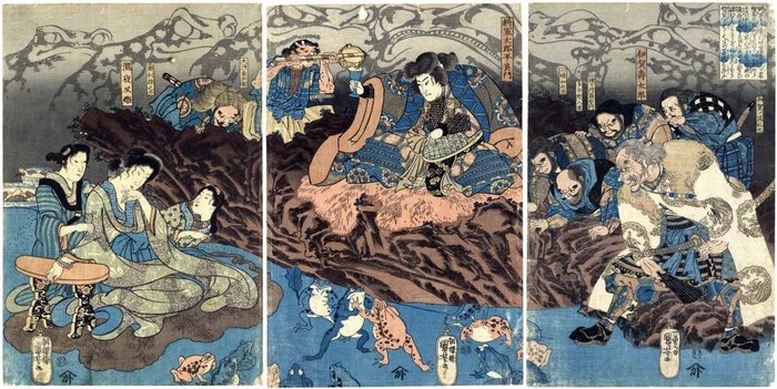 Original triptyk med träblock - Papper - Utagawa Kuniyoshi (1797-1861) - The Match of Magic Toads Watching by Yoshikado, His Sister Takiyasha, Iga Jutaro, and Their Follower - Japan - ca 1844 (Kōka 1)