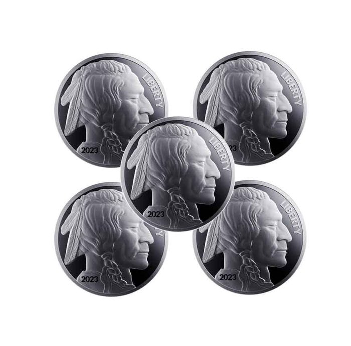 美國. 2023 American Silver Buffalo Round coin in Capsule, lot 5 x 1 oz