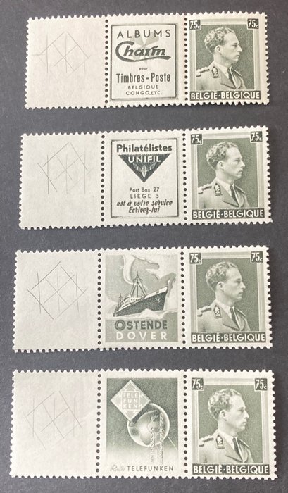 Belgien 1938/1939 - Auf 4 Seiten gezahnte Kneipen: „Charm Timbres-Poste“, „Ostende-Dover“, „UNIFIL“ und „Telefunken“ - OBP/COB PU137A + +140A + 141A + 142A