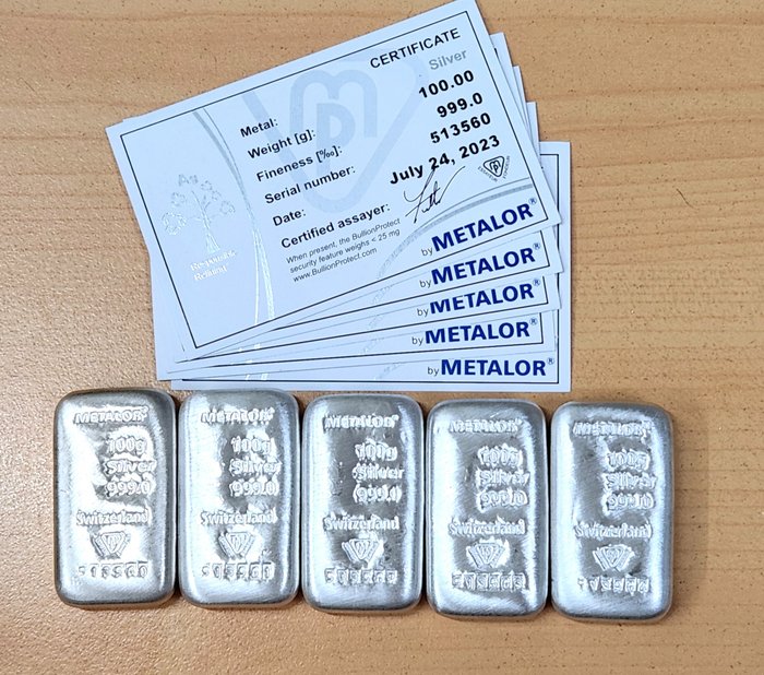 500 grs (5 x 100 grs) - 银 .999 - Metalor - 带证书