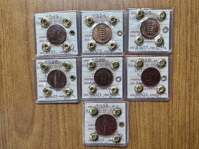 Italy, Kingdom of Italy. Vittorio Emanuele III di Savoia (1900-1946). Lotto di 7 monete (2 Cent Prora 1917 + 5 Cent Spiga 1921-1935 + 5 Cent Impero 1938 + 10 Cent Impero