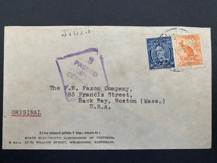 澳大利亞 1897/1982 - A postally used letter in WW II - censo and perfin stamps - Stanley Gibbons, Michel