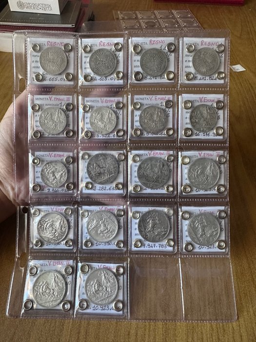 Italy, Kingdom of Italy. Vittorio Emanuele III di Savoia (1900-1946). Lotto di 18 monete : 1 lira aquila / 1 lira quadriga / 2 lire quadriga