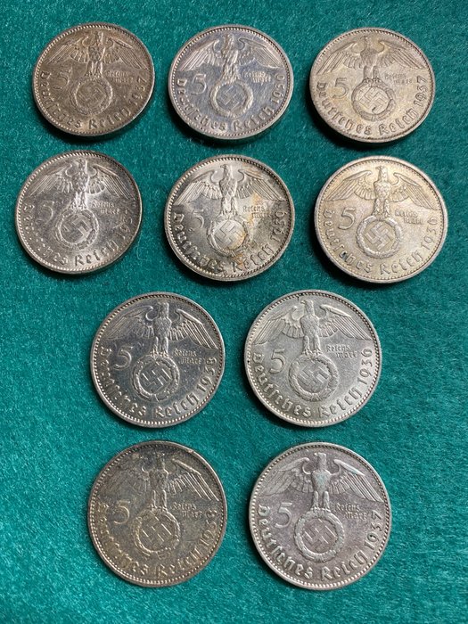 Germany, Third Reich. Lot. 5 Reichsmark 1936/1939 (10 Silver Coins)