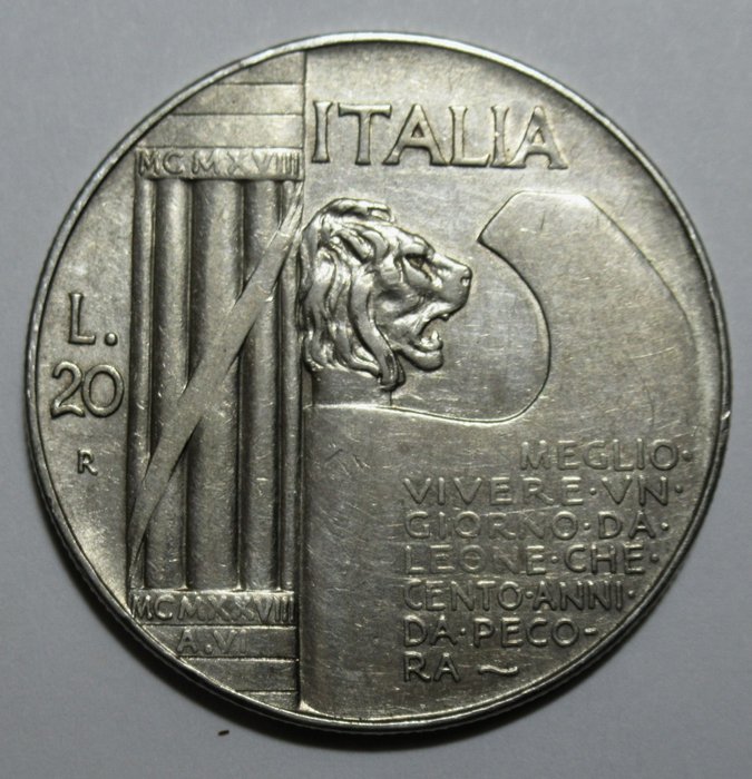 意大利， 意大利王国. 维托里奥·伊曼纽尔三世·迪·萨沃亚 （1900-1946）. 20 Lire 1928 "Elmetto"