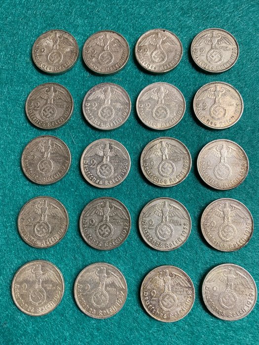 Germany, Third Reich. Lot. 2 Reichsmark 1936/1939 (20 Silver Coins)