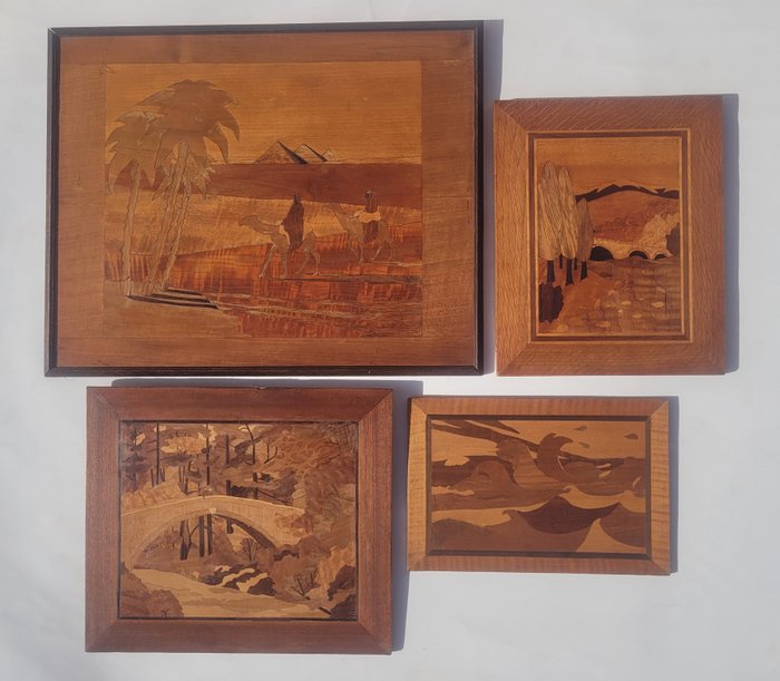 Quattro quadri intarsiati in legno fatti a mano, antichi (4) - Legno -  Catawiki