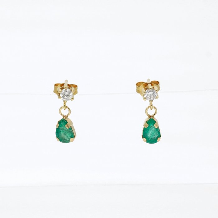 Earrings - 18 kt. Yellow gold Diamond  (Natural) - Emerald 