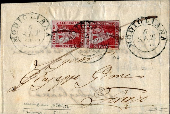 意大利古城邦-托斯卡纳 1851 - 莫迪利亚纳寄给佛罗伦萨的 1 cr 夫妇的信 - Sassone 4e