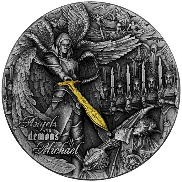 Niue. 5 Dollars 2022 Michael Angels and Demons - Antique Finish - High Relief, 2 Oz (.999)