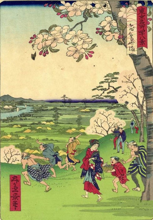 原始木版印刷 - 纸 - Shōsai Ikkei (act 1860-70s) - 'Asuka Mountain' 飛鳥やま (Asuka mountain) - From the series (Forty-eight Views of Famous Places of Toky - 日本 - 1871年（明治4年）