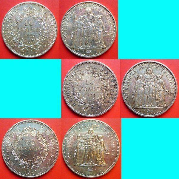 France. Lot of 3 silver coins (10 Francs and 50 Francs) 1965/1977