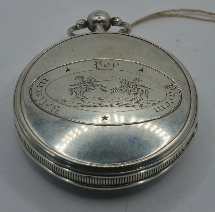 PER BELLUM PACEM - Silber Kalenderspindeluhr - Zeit - Datum - Kampfduell der Ritter - Zwitserland rond 1800