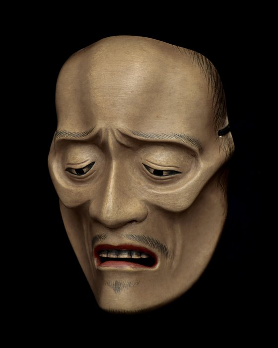 Mascherina di Noh, Scultura - Legno - Signed Sugimoto Sadako 杉本貞子 - Japanese Wooden Noh Mask “Shunkan" 能面 俊寛 - Giappone - Periodo Shōwa (1926-1989)