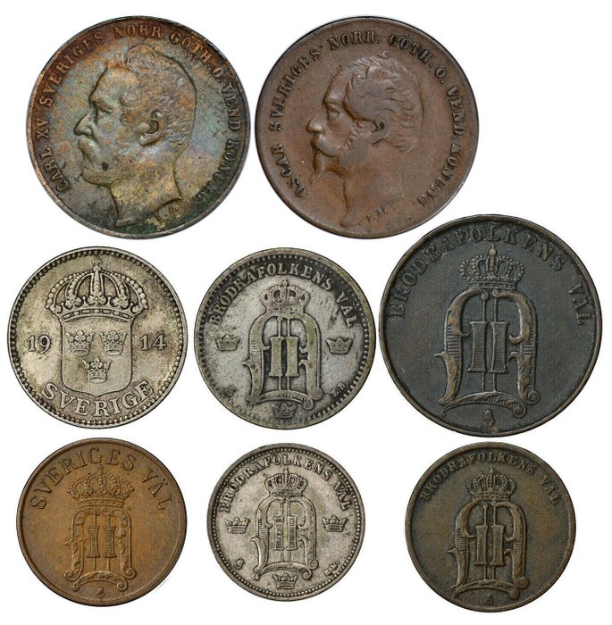 Sweden. 1, 2, 10 & 25 Ore 1858-1914 (8 Coins)