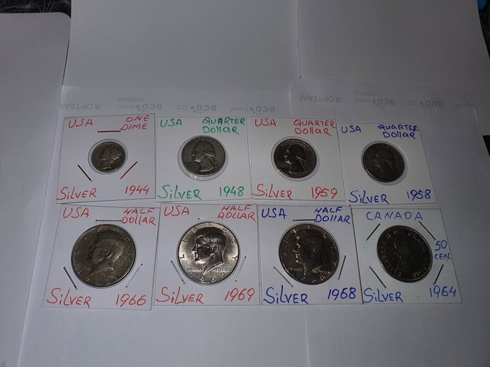 United States. varios. Collection of coins from different countries (8 pieces silver) 1944-1948-1958-1959-1964-1966-1968-1969