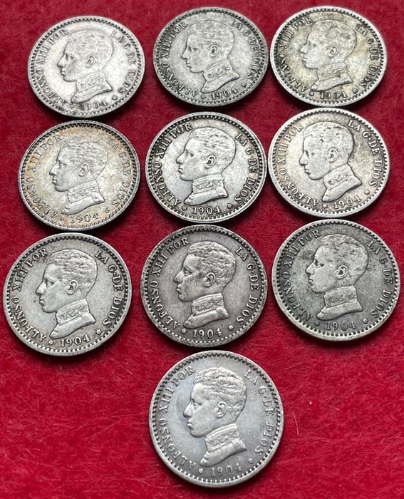 Kingdom of Spain. Alfonso XIII (1886-1931). 50 centimos 1904 - Lote de 10 monedas