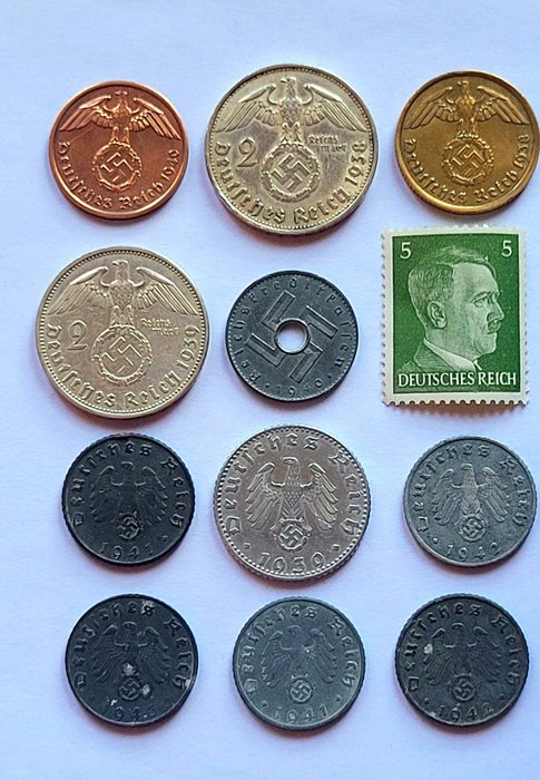 Germany, Third Reich. Collection of coins and one stamp (12 pie