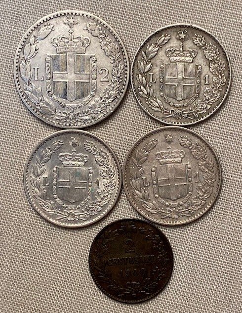 Italy, Kingdom of Italy. Umberto I di Savoia (1878-1900). 2 lire + 1 lira + 2 centesimi (5 monete) 1886-1900