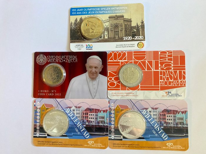 Belgium, Netherlands, Vatican. 1 Euro / 2 Euro / 2 1/2 Euro / 5 Euro 2020/2023 (5 coincards)