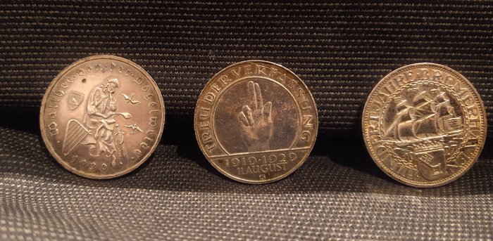 Germany, Weimar Republic. Lot. 3 Reichsmark Vogelweide/Bremerhaven/Verfassung (3 pieces silver)