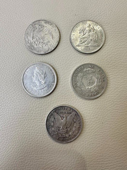 Central American Republic, USA, Guatemala, Chile, Salvador, Mexico. Lot of 5 silver coins (dollar, peso, 8 rs) 1884 / 1897