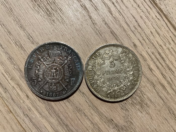 France. 5 Francs 1867-A & 1873-A (2 munten)